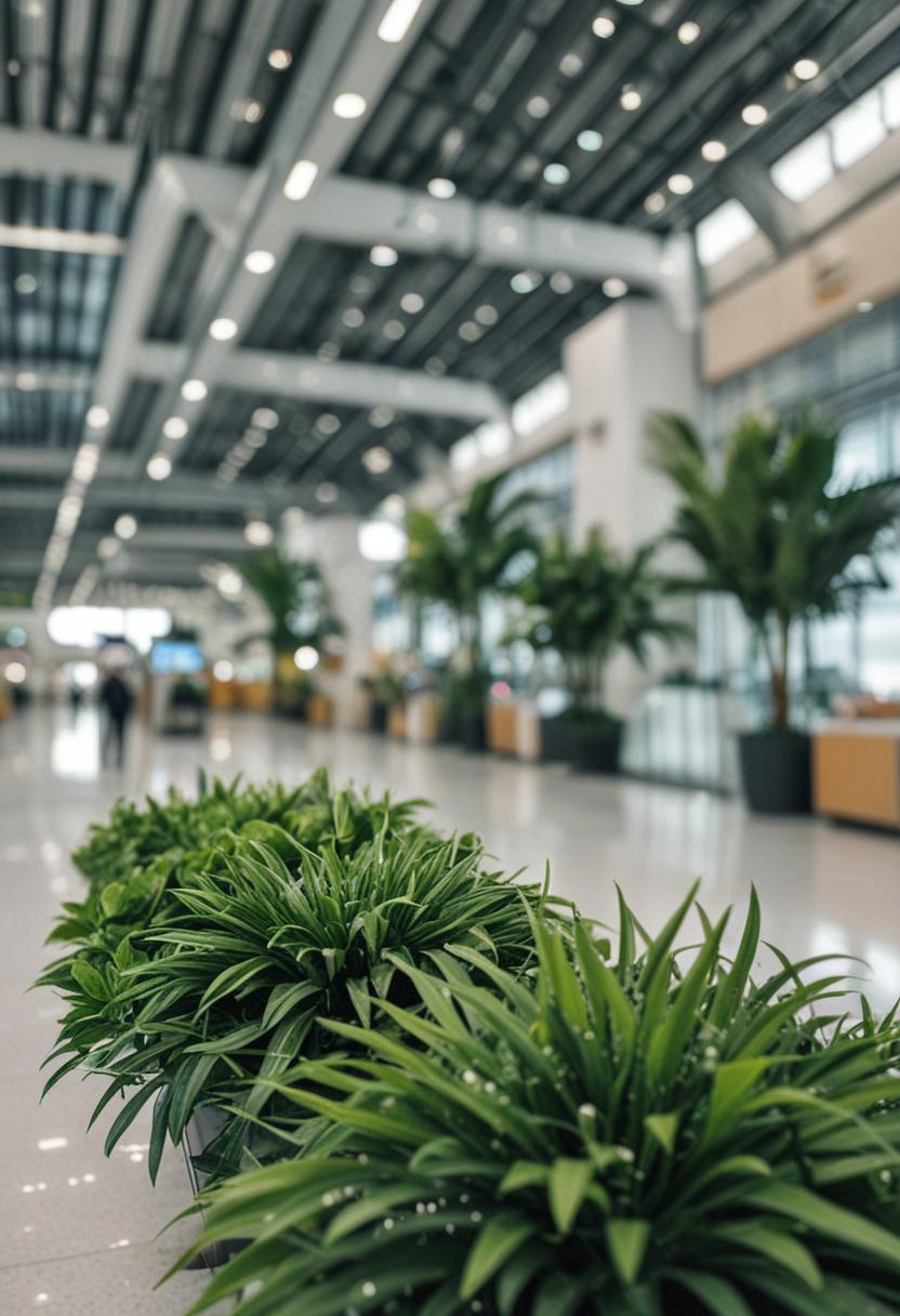 Airport lounge plants in sleek, modern setting.
