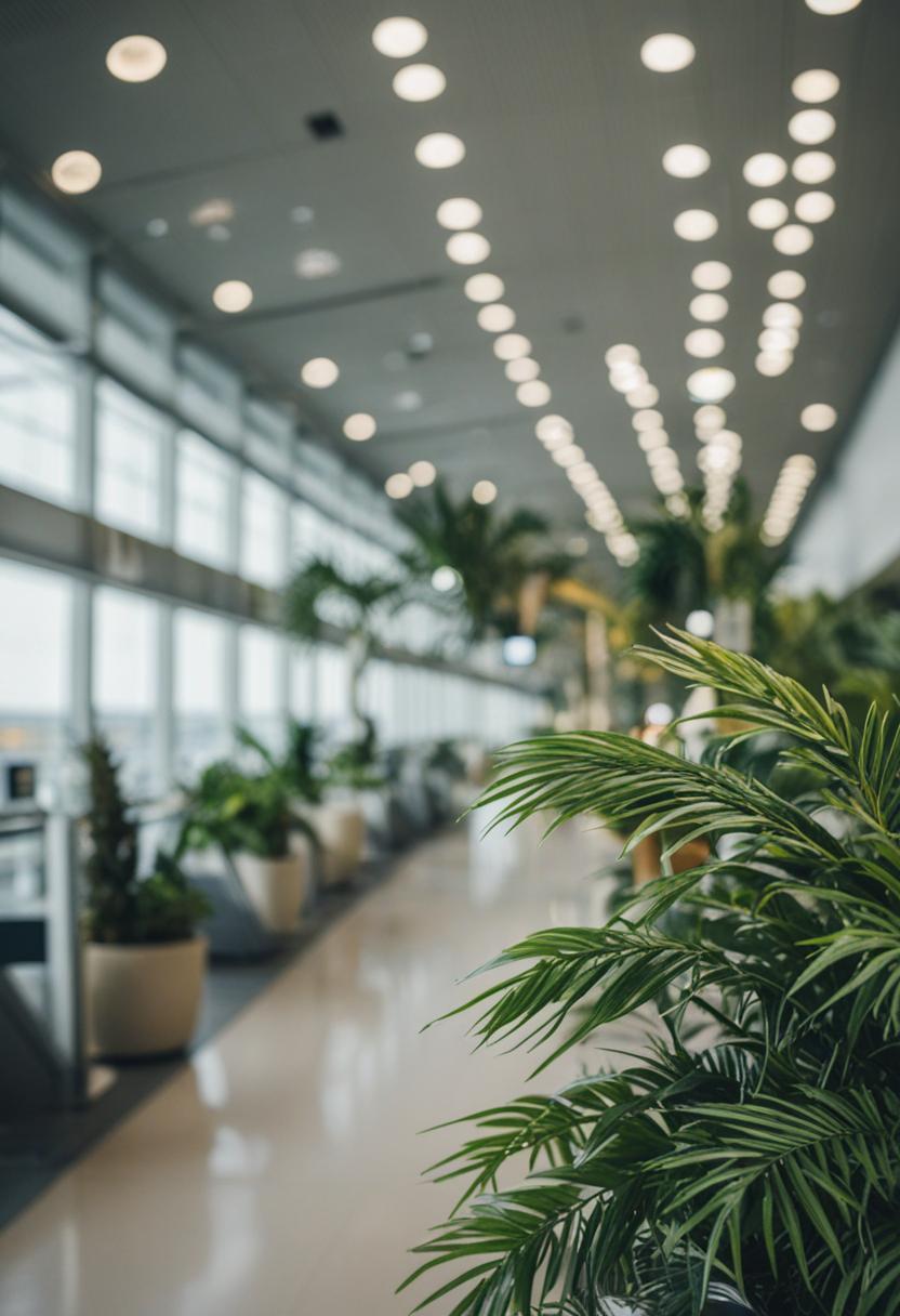 Modern airport with greenery and sleek architecture.
