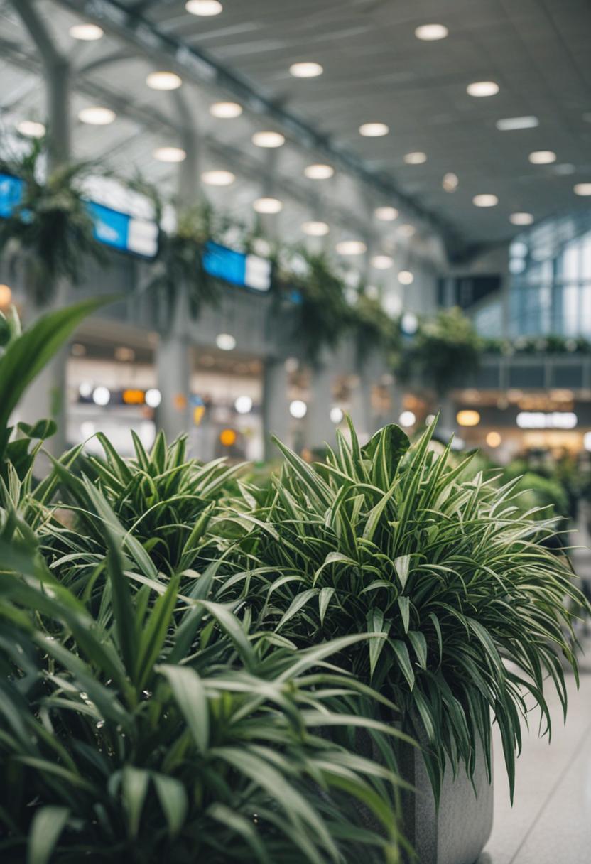 Airport greenery with sleek architecture and plant life.