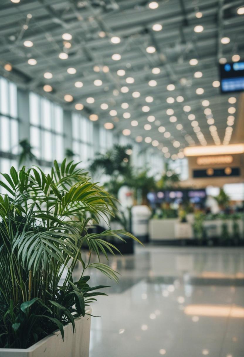 Modern airport with green plants and sleek architecture.