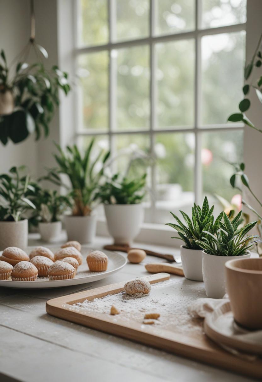 Baking-themed plant arrangement with cozy aesthetic.