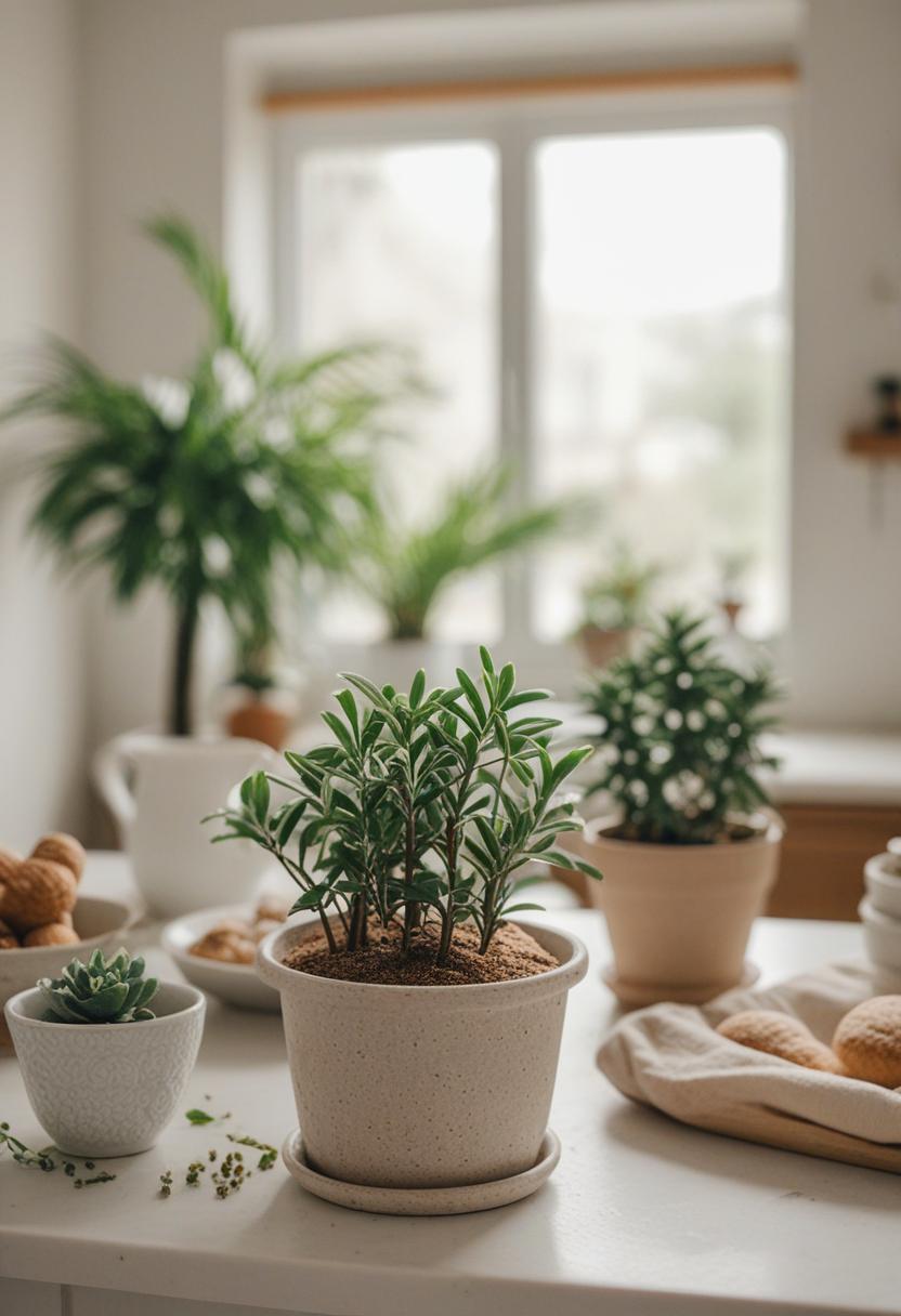 Baking-themed plant arrangement with cozy aesthetic.