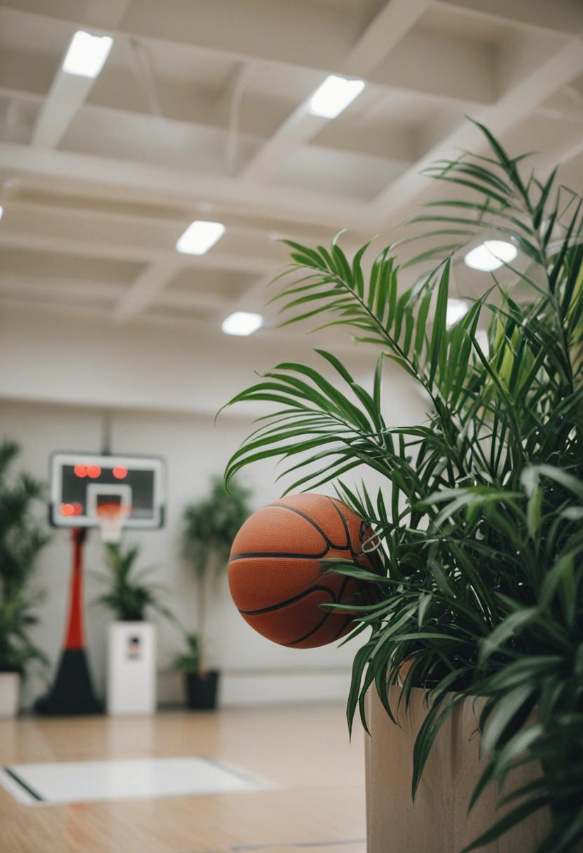 Basketball-themed greenery with bold leaf designs.