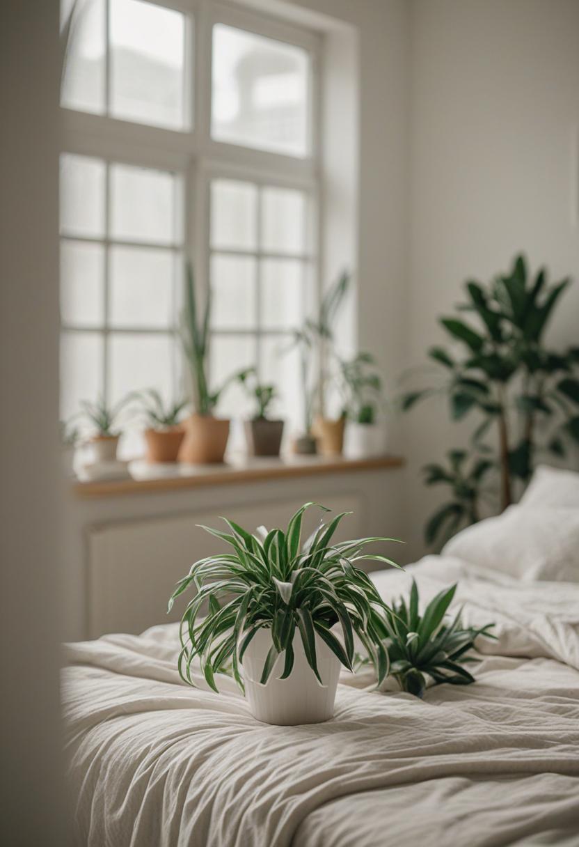 Cozy bedroom with lush green plants and soft lighting.