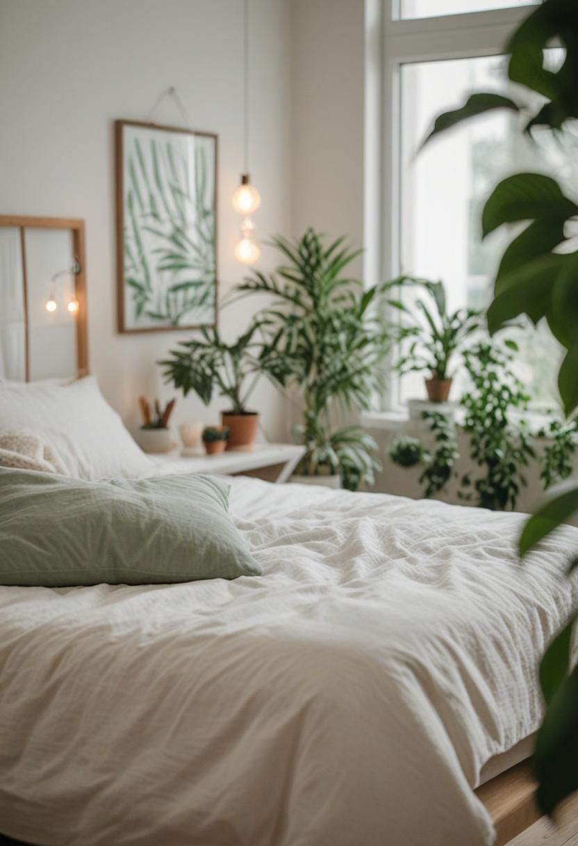 Cozy bedroom with lush green plants and soft lighting.
