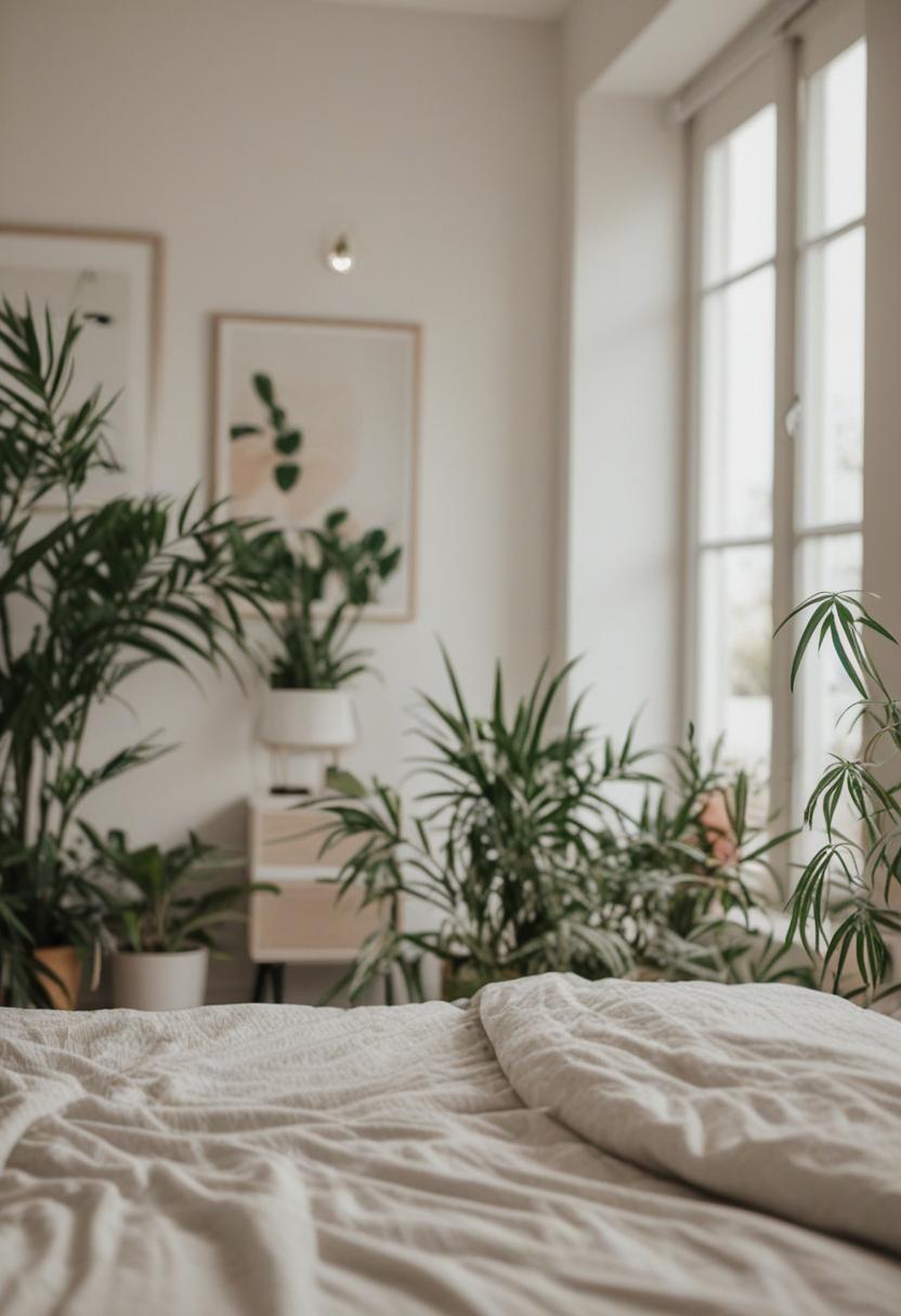 Elegant plants under soft, ornate bedroom lighting.