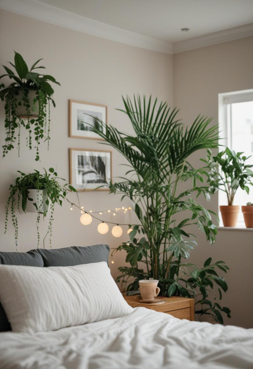 Cozy bedroom with plants, soft light, and ornate details.