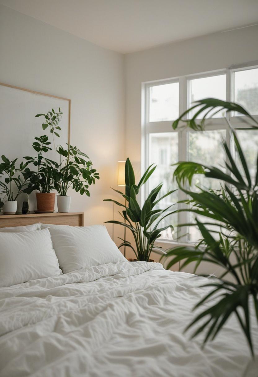 Elegant bedroom plants decor with soft lighting.