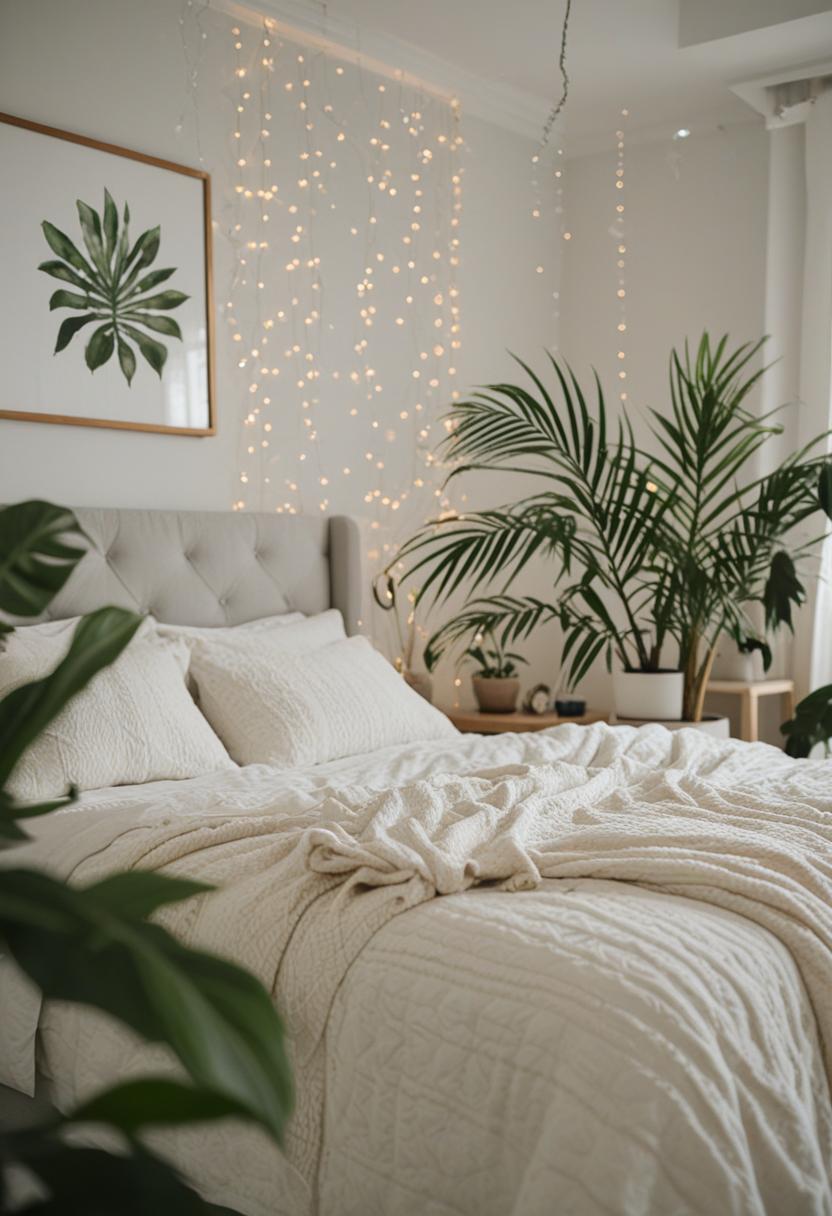 Elegant plants add a serene touch to the bedroom decor.