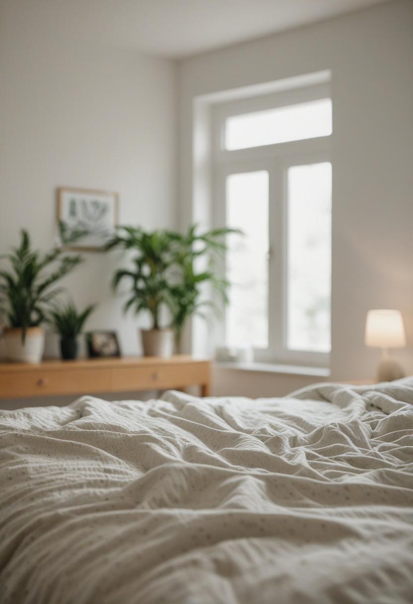 Cozy bedroom with lush green plants and soft lighting.