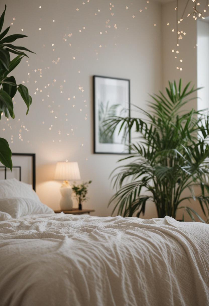 Cozy bedroom with plants and soft lighting.