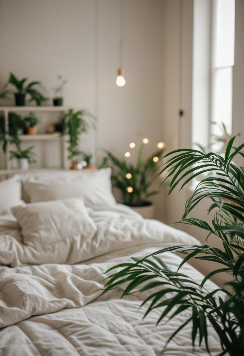 Cozy bedroom with plants and soft decor.