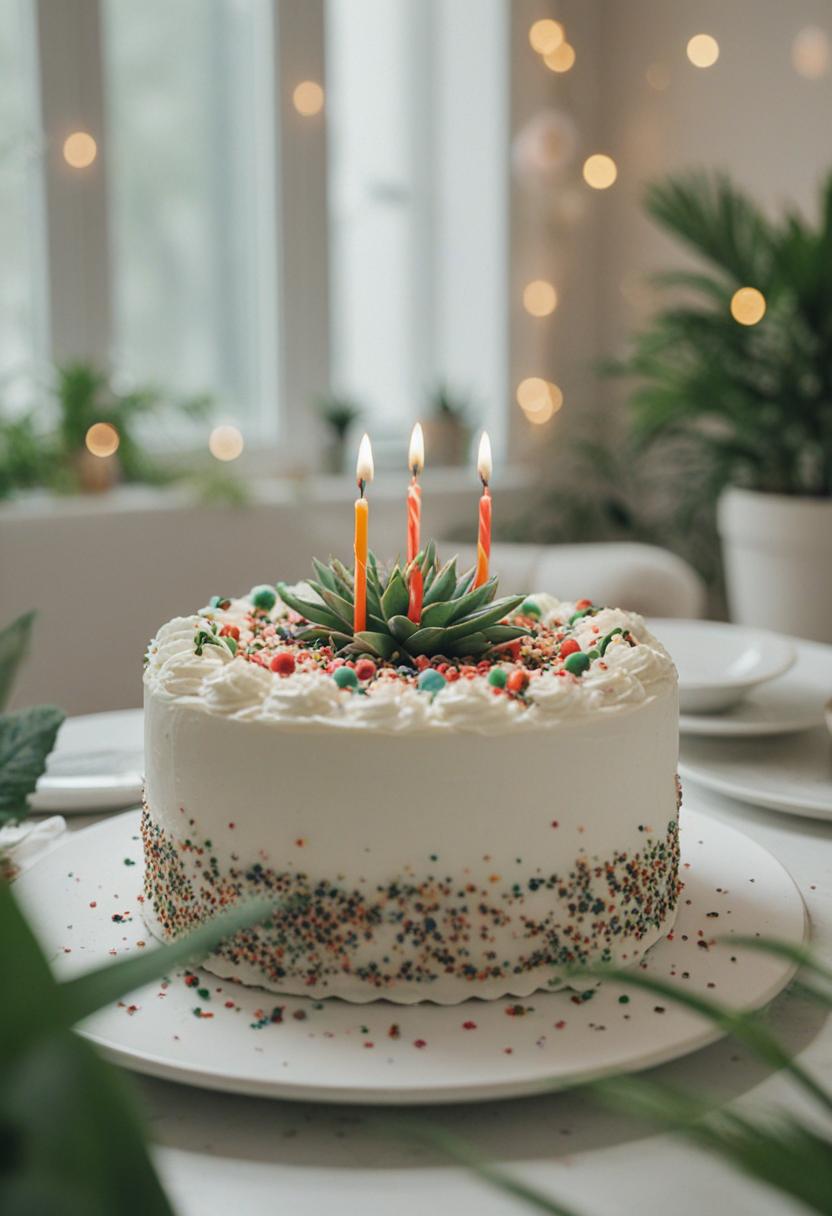 Birthday cake-themed plant decor.