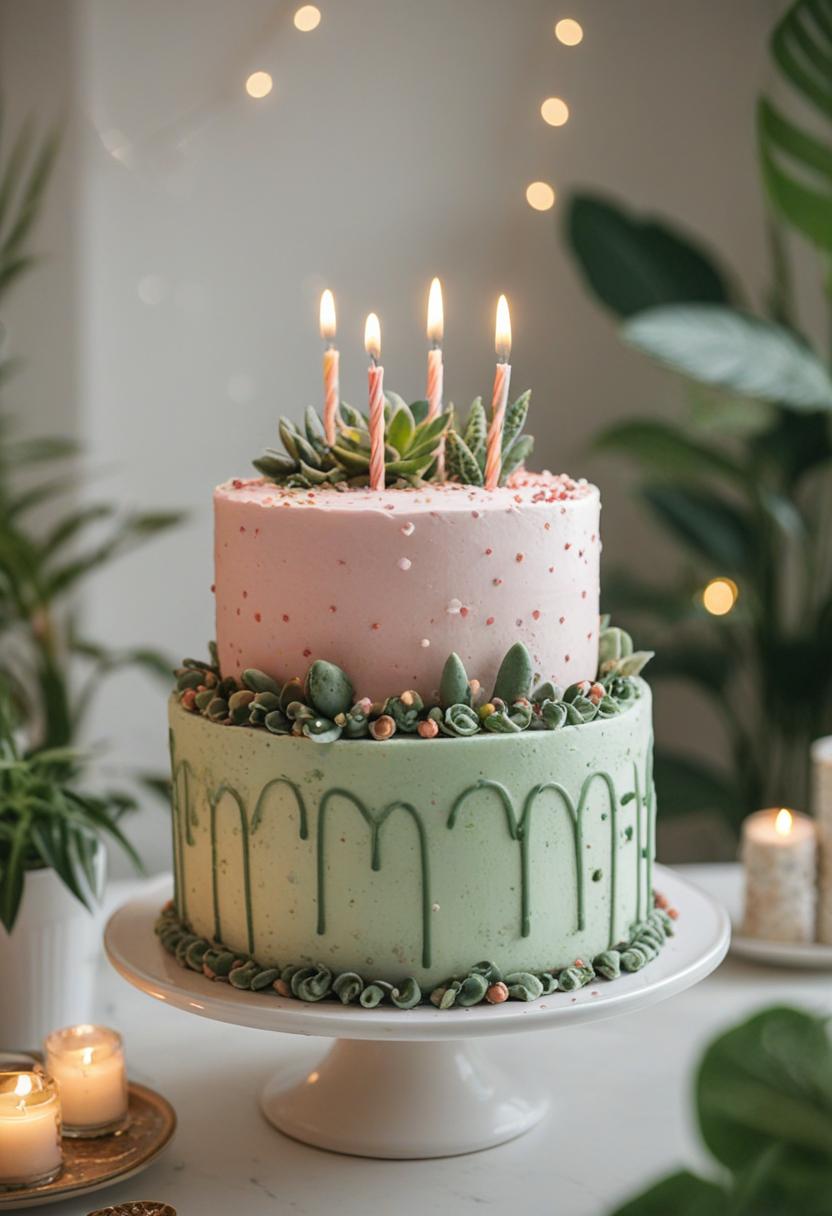 Birthday cake-themed plant decor.