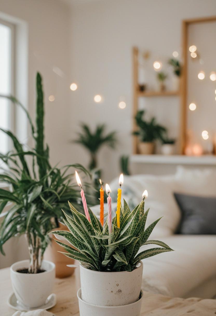 Birthday plants decor for a festive green celebration.