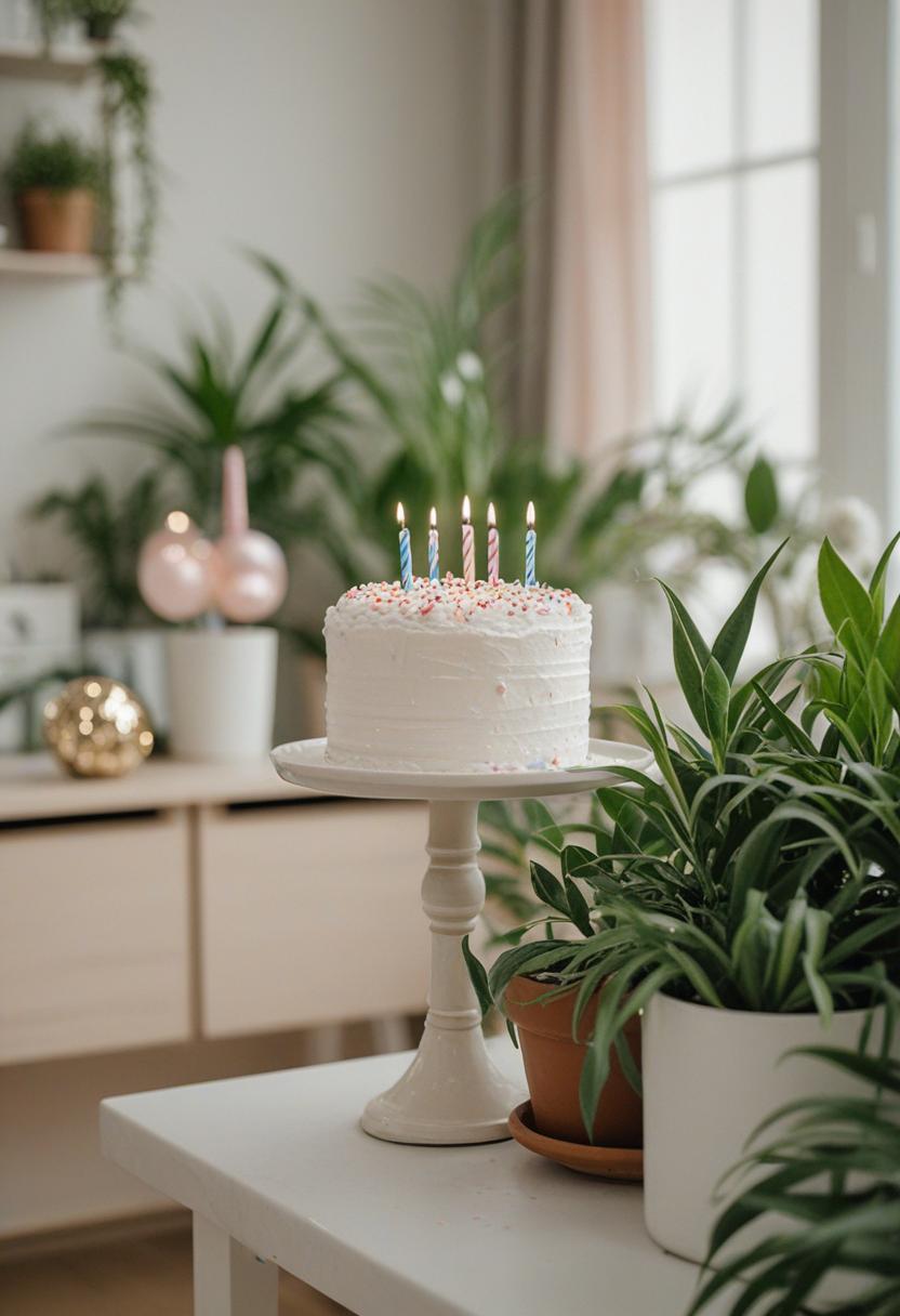 Birthday plants decor for a festive green celebration.