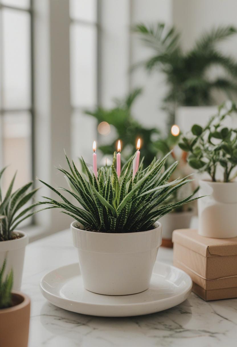 Birthday plants in a festive, colorful arrangement.