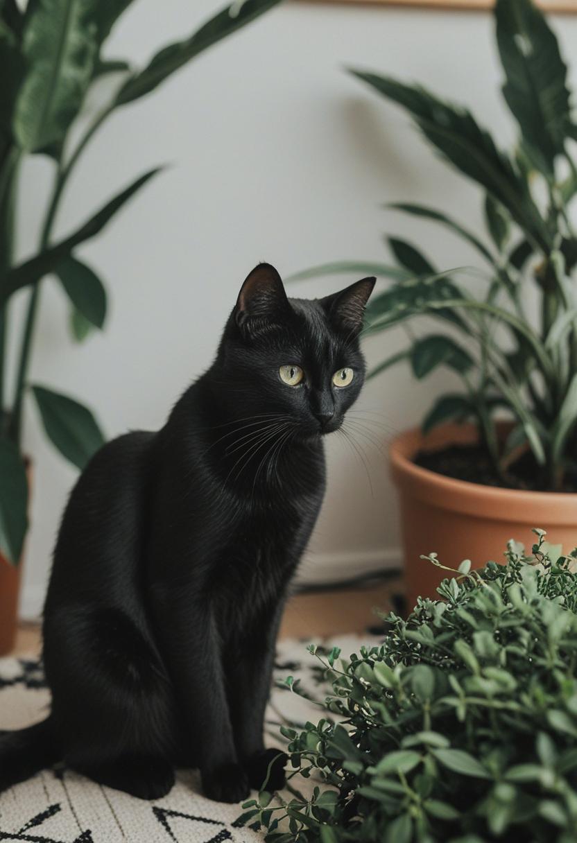 Elegant black cat with lush green plants.