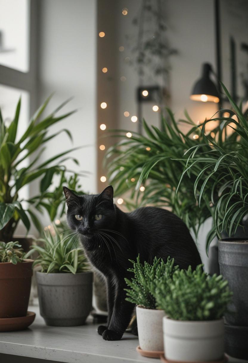 Elegant black cat with lush green plants.