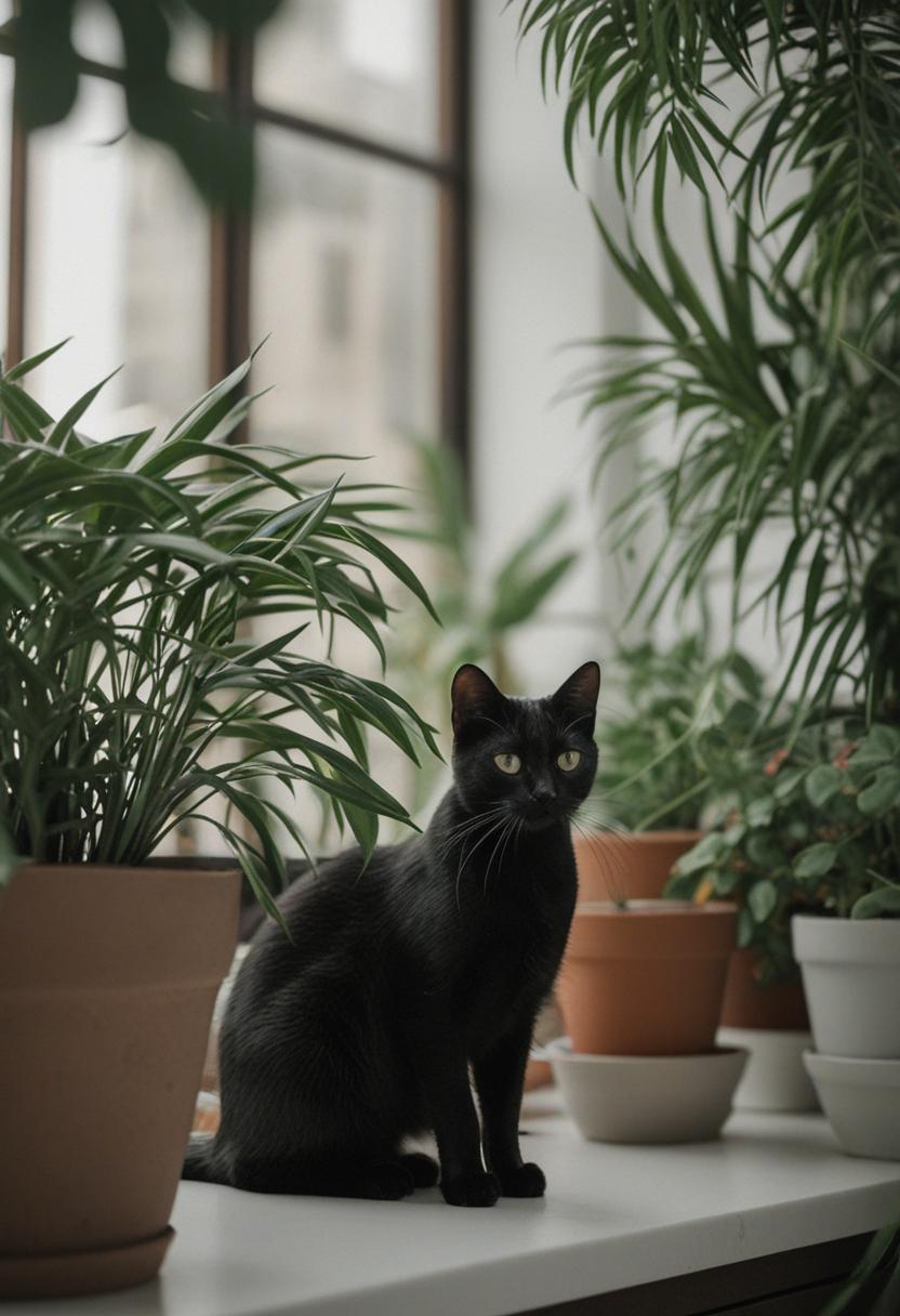 Mystical black cat with lush green plants.