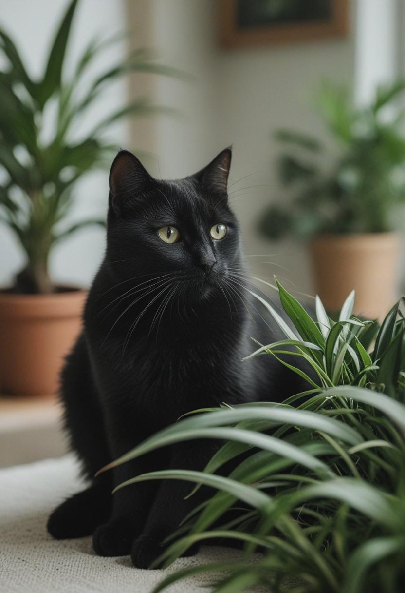 Mysterious black cat with elegant plant decor.