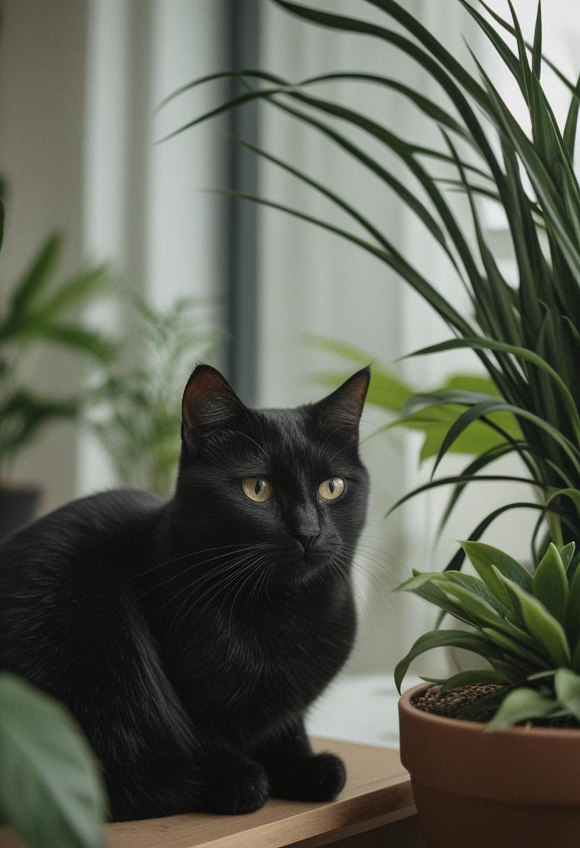 Elegant black cat with lush green plant aesthetic.