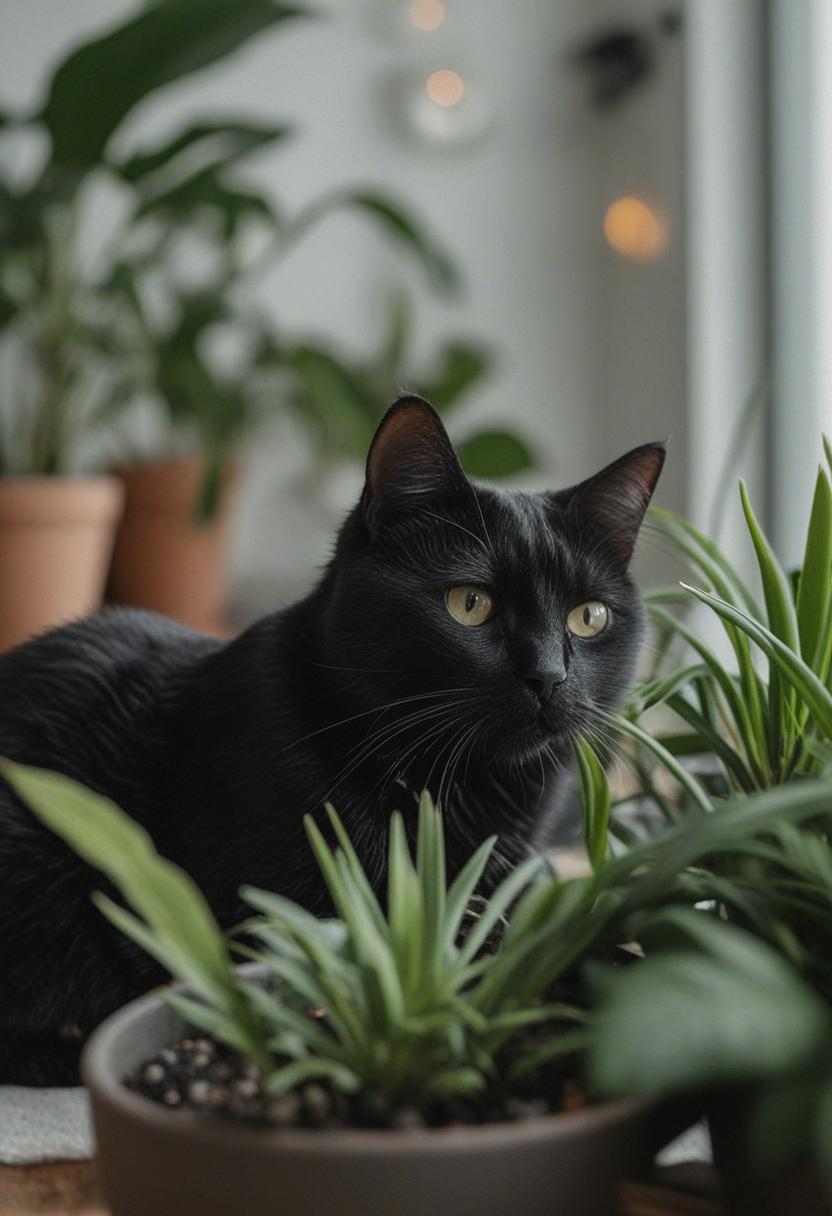 Elegant black cat with green plants in a cozy setting.