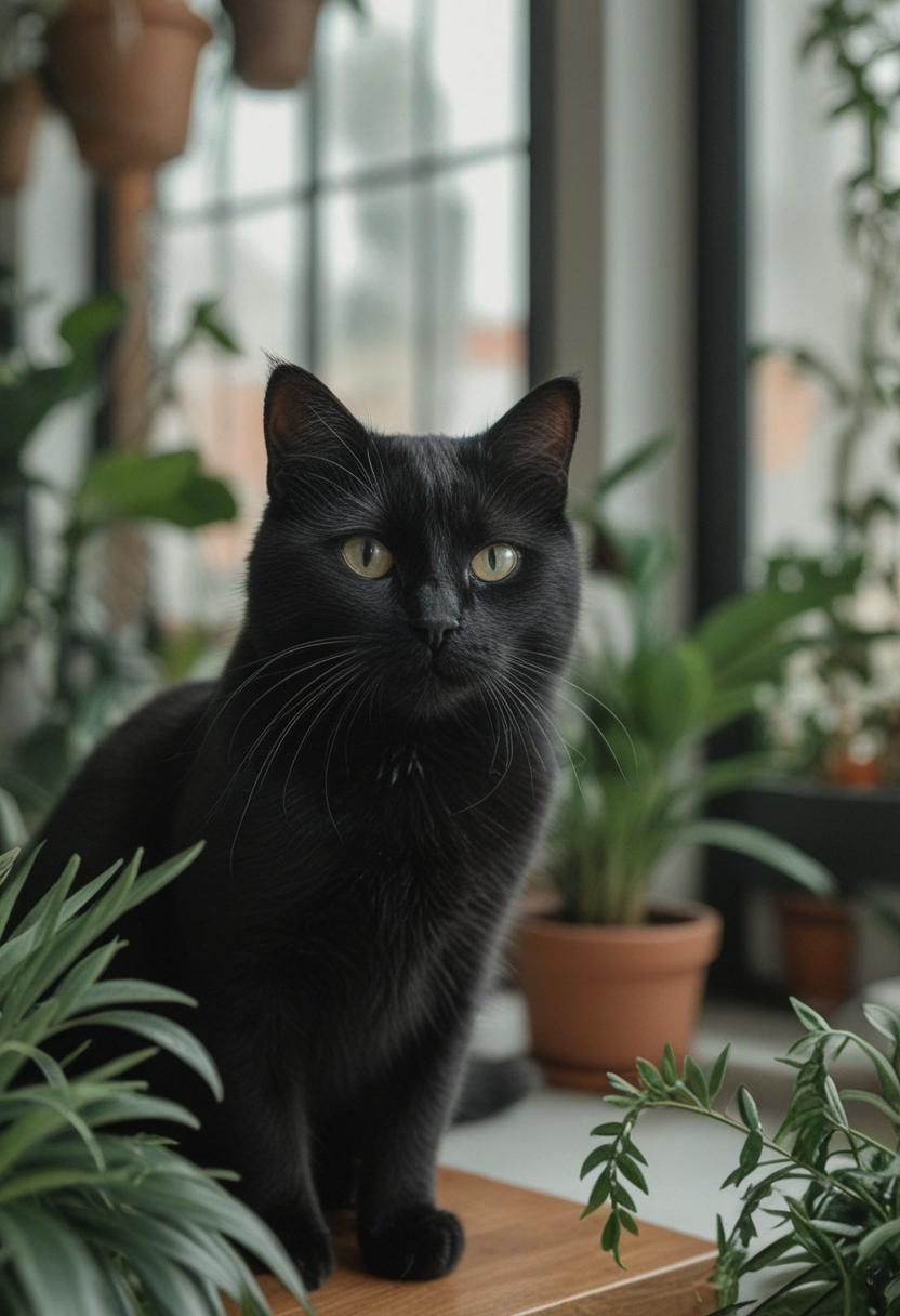 Elegant black cat with lush green plant foliage.
