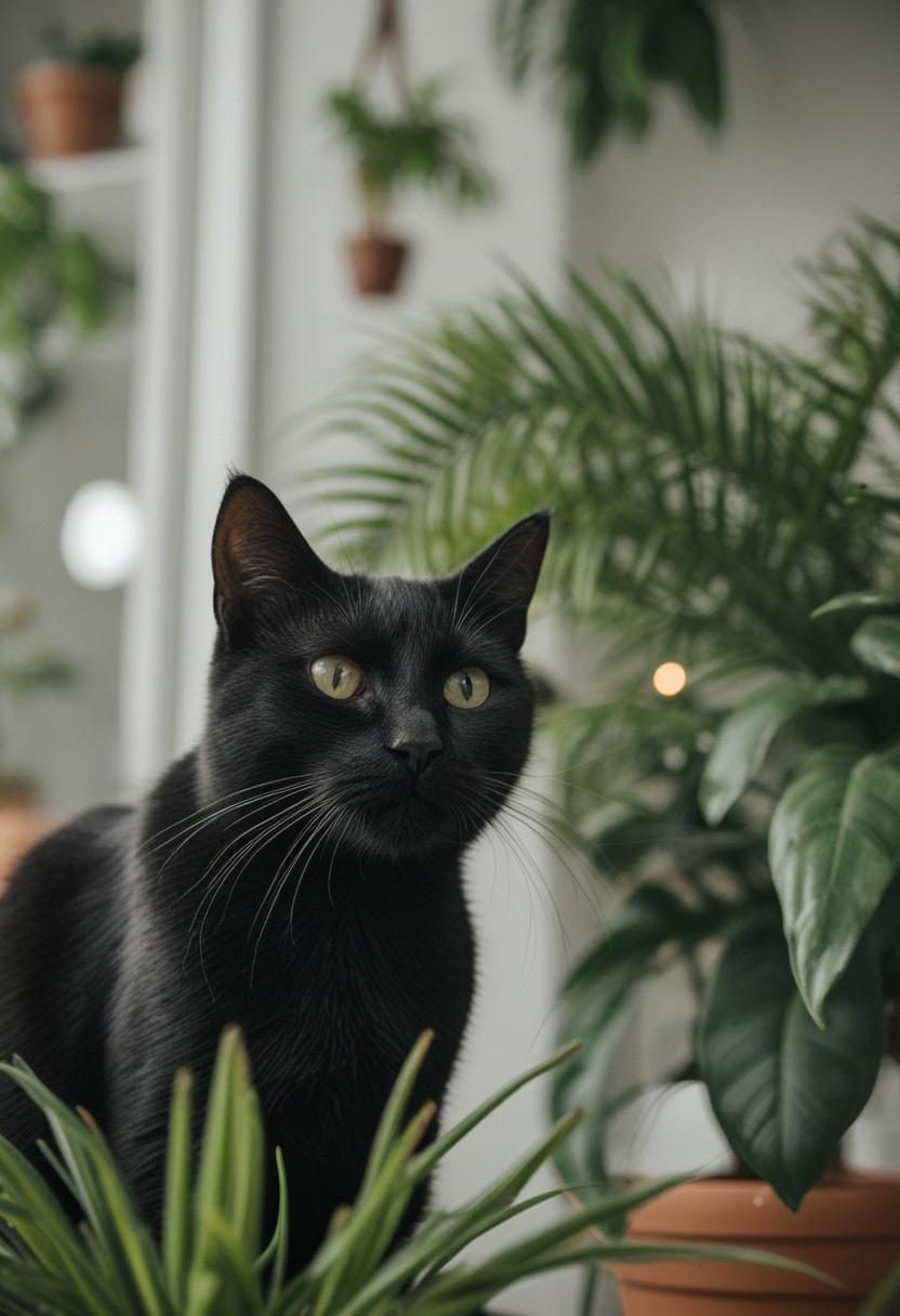 Elegant black cat with stylish plant decor.