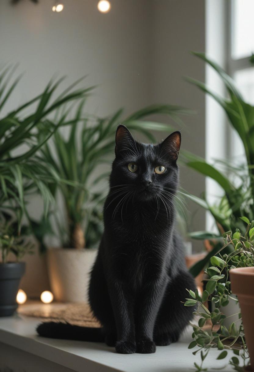 Elegant black cat with lush green plants.