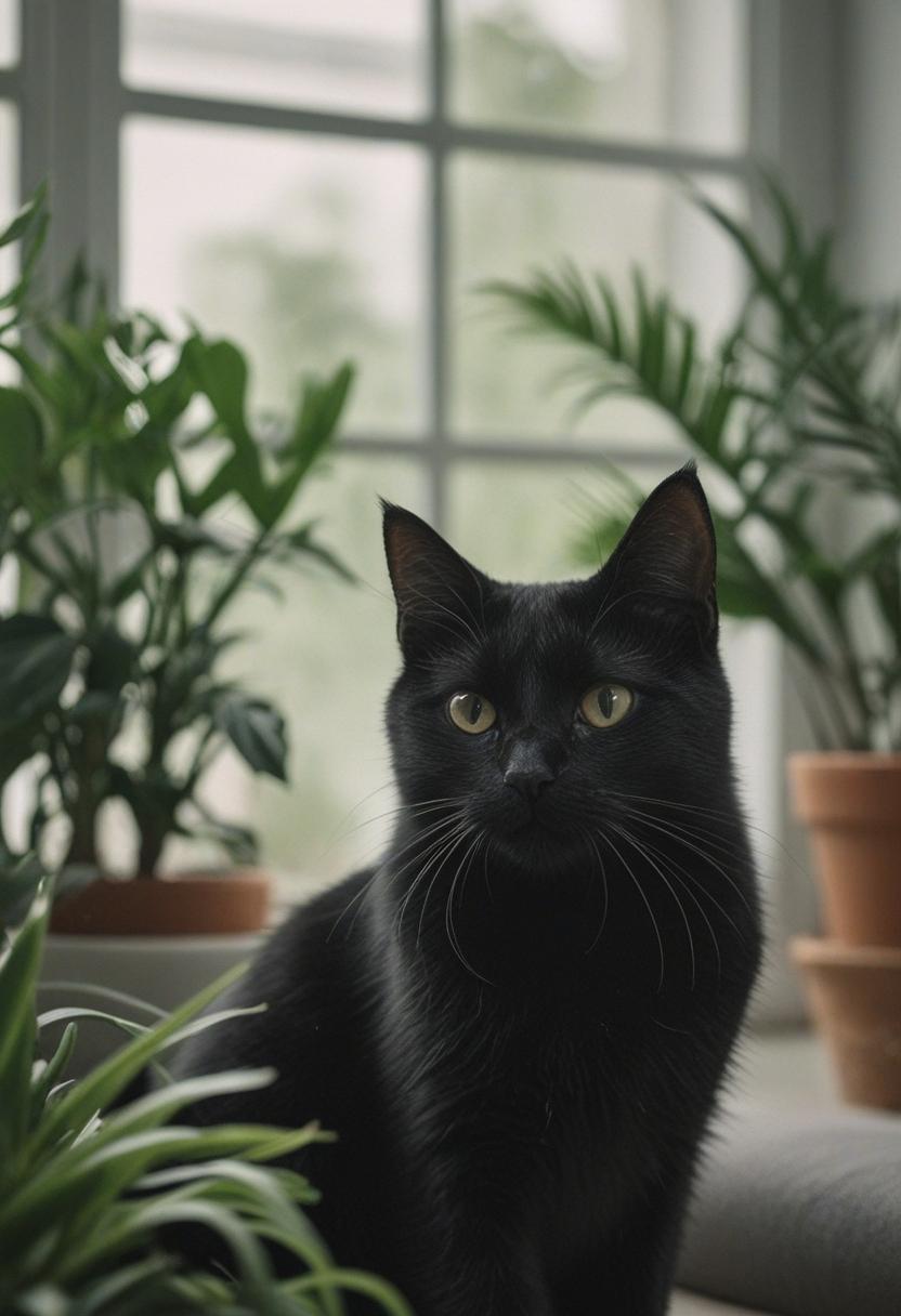 Elegant black cat with lush green plants.