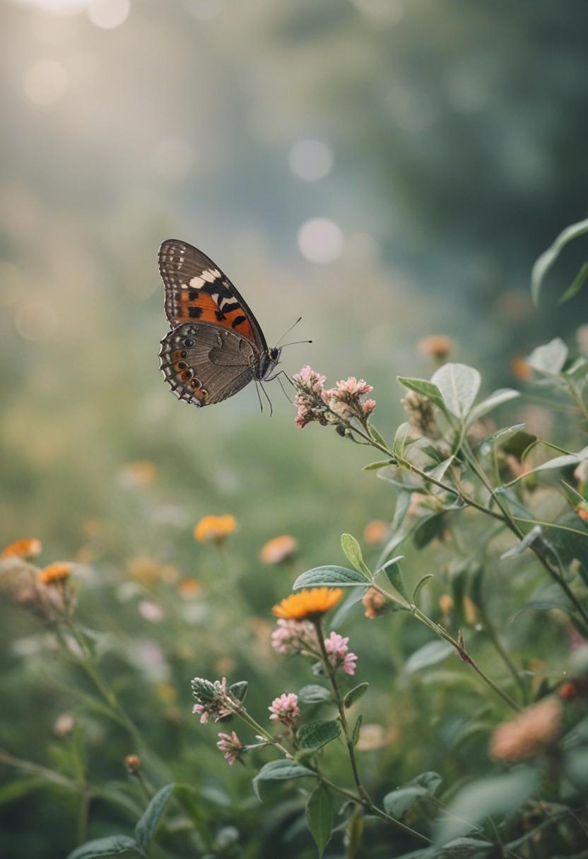 Butterfly wings meet lush greenery in this serene plant scene.