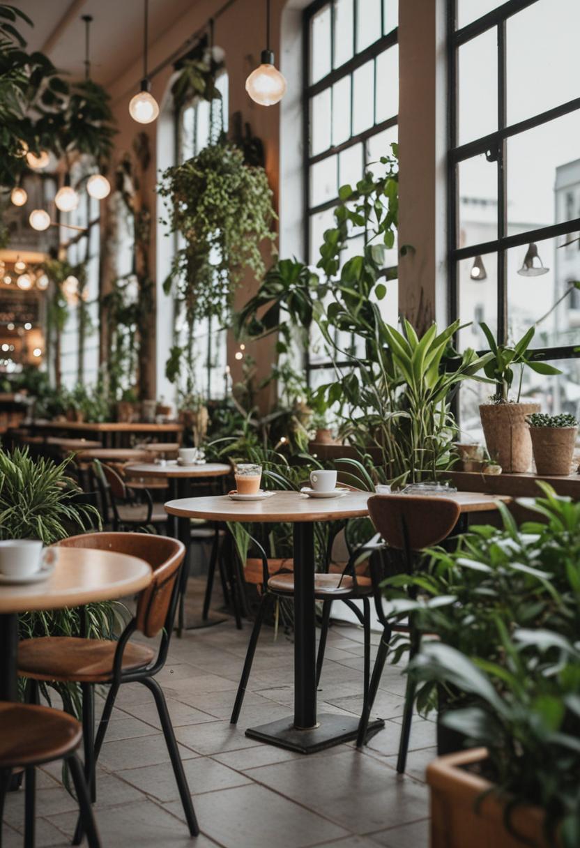 Cozy cafe with green plants and natural vibes.