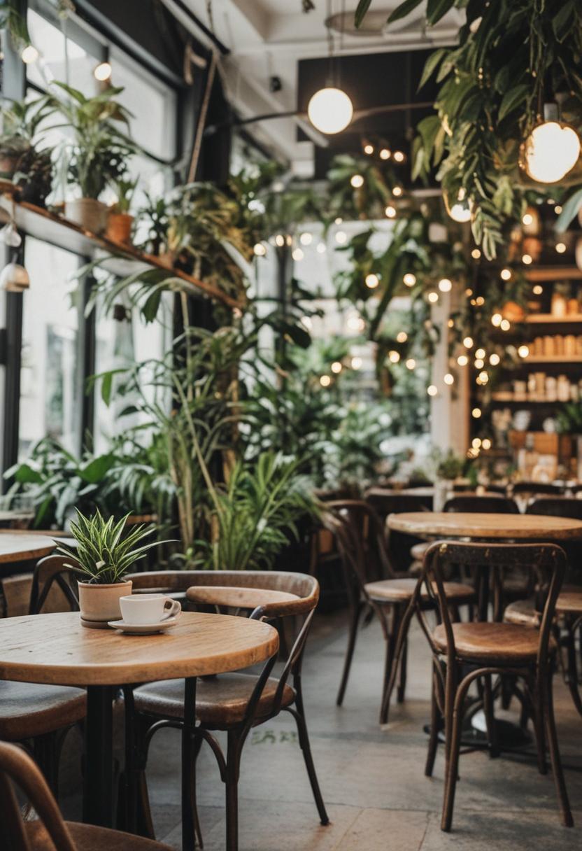 Cafe style with greenery and aesthetic plants.