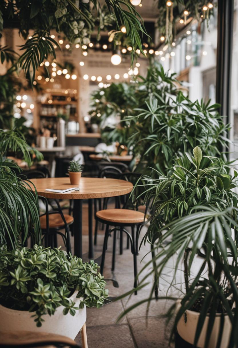 Elegant cafe with greenery and ornate plants.