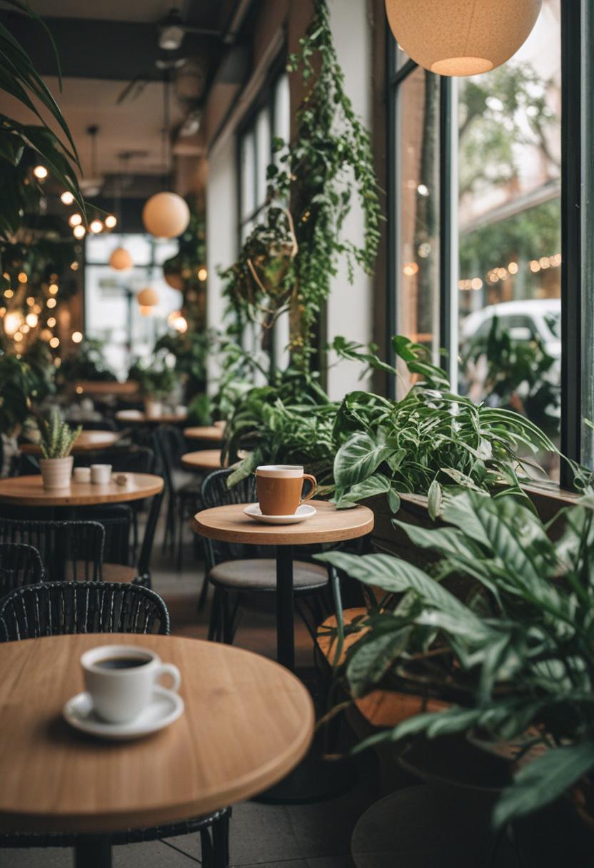Cozy cafe with vibrant plant arrangement.