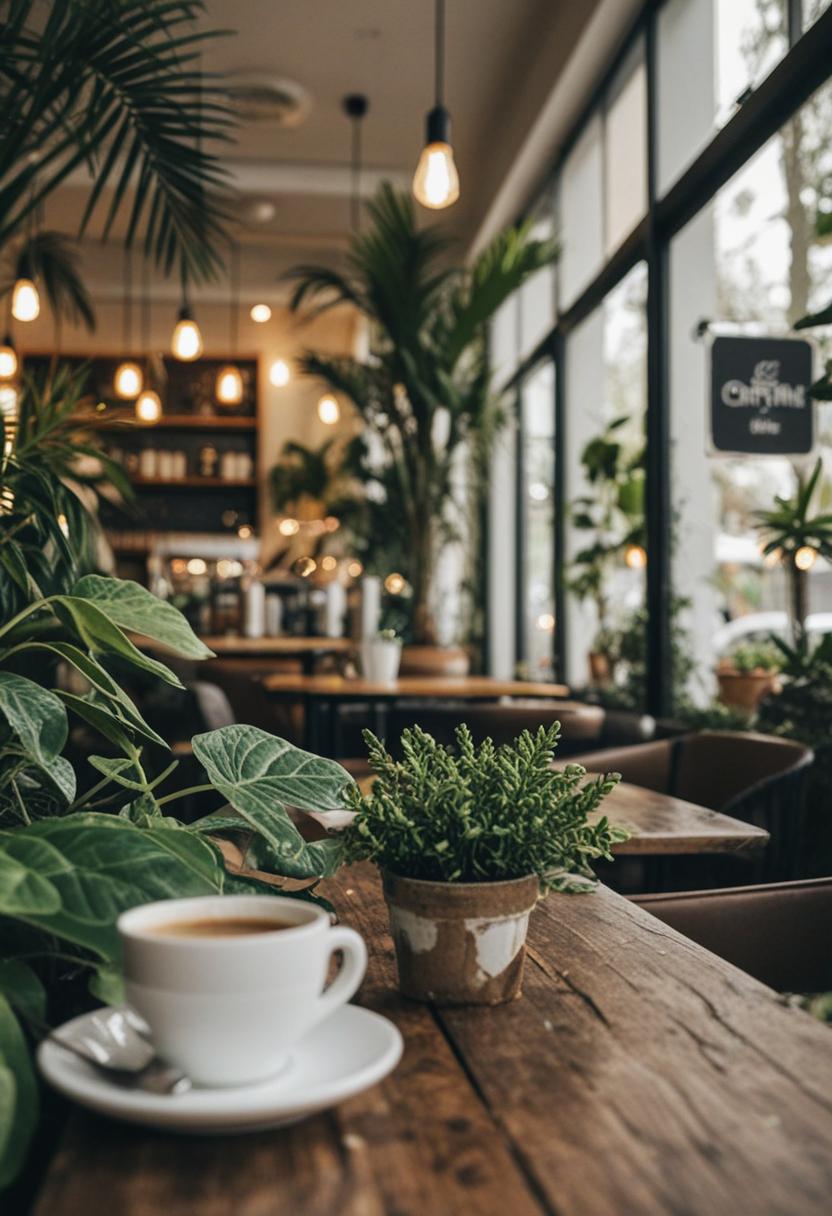 Elegant café with greenery and ornate plants.