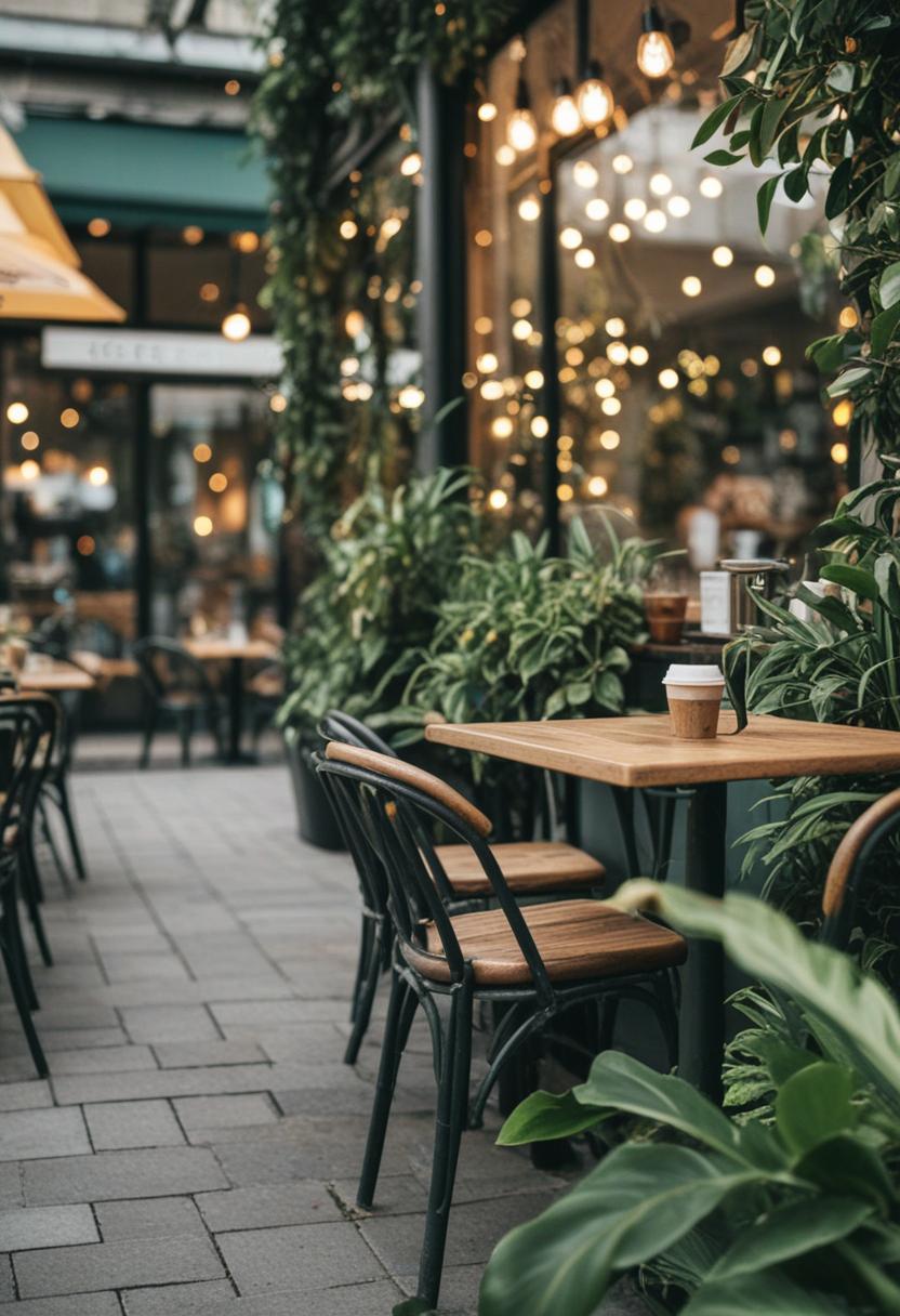 Cozy café with green plants and natural interior.