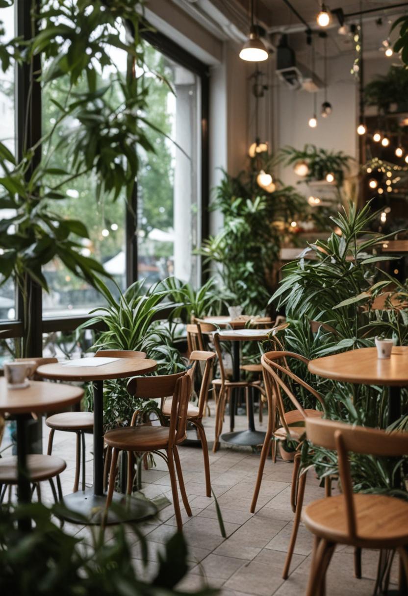 Cafe with green plants and cozy interior.