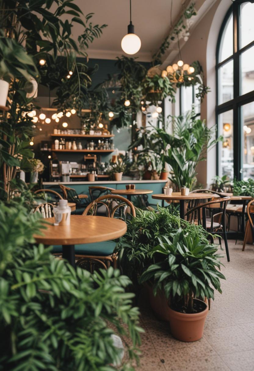 Cozy cafe with green plants and natural interior.