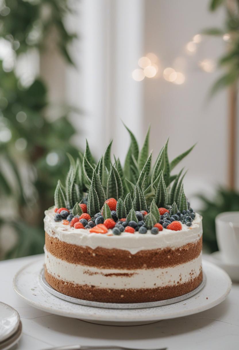 Cake-themed plant decor with floral accents.