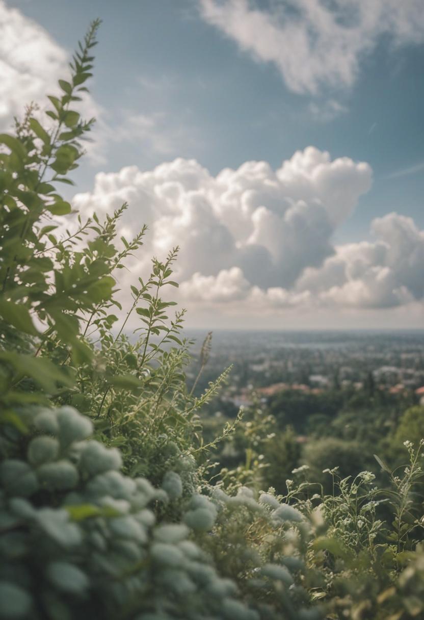 Soft clouds meet greenery in a dreamy plant scene.