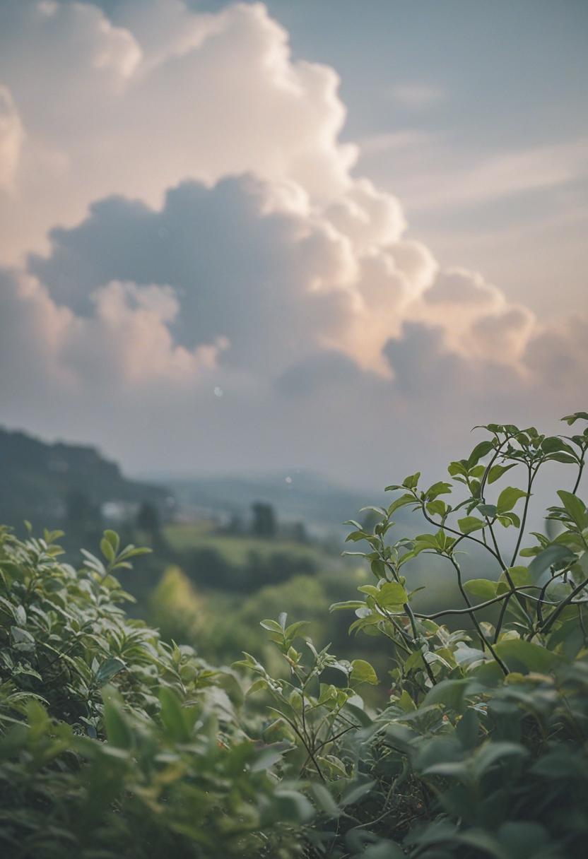 Soft clouds meet greenery in a dreamy plant scene.