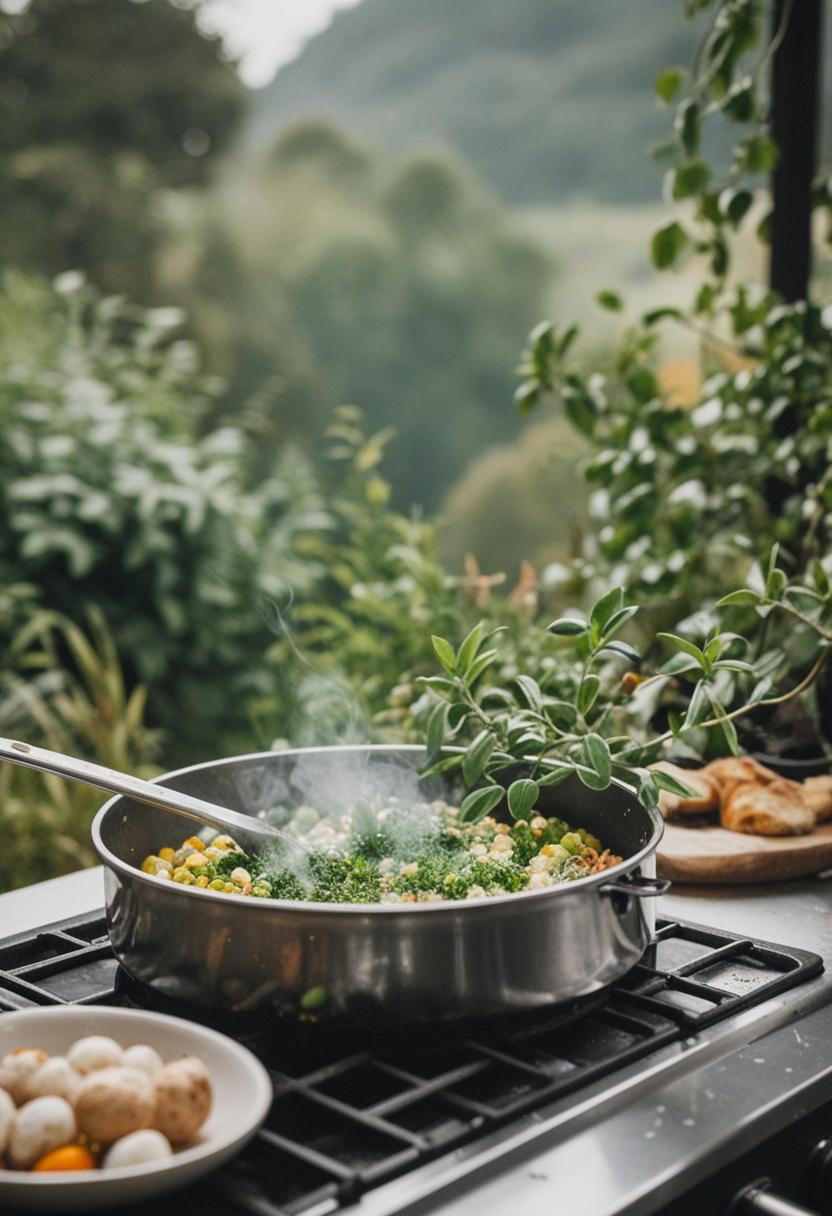 Cozy kitchen with greenery and cooking essentials.