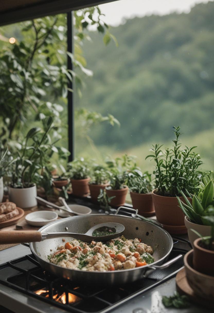 Plants add a cozy cooking aesthetic to the decor.