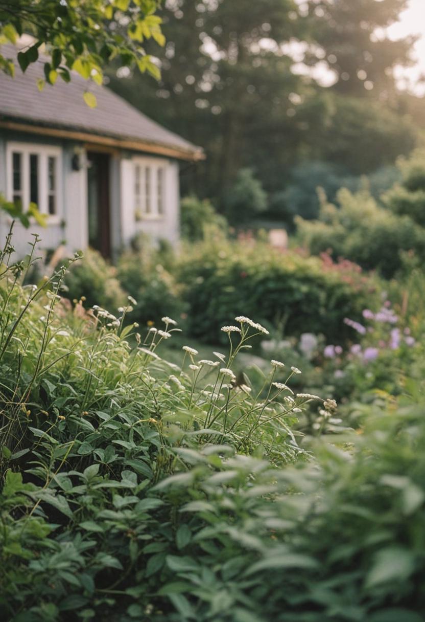 Cottagecore plants in a whimsical, rustic garden setting.