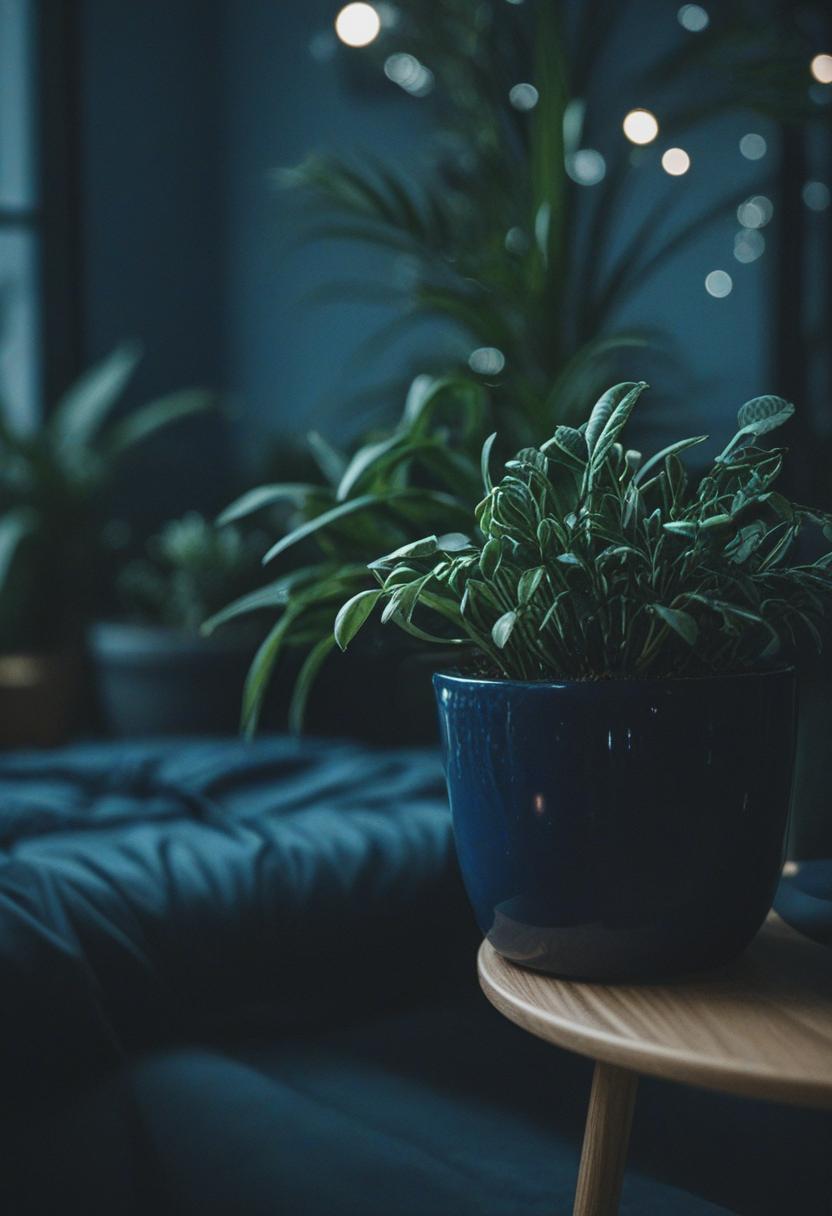 Dark blue plants in a serene, mysterious aesthetic.
