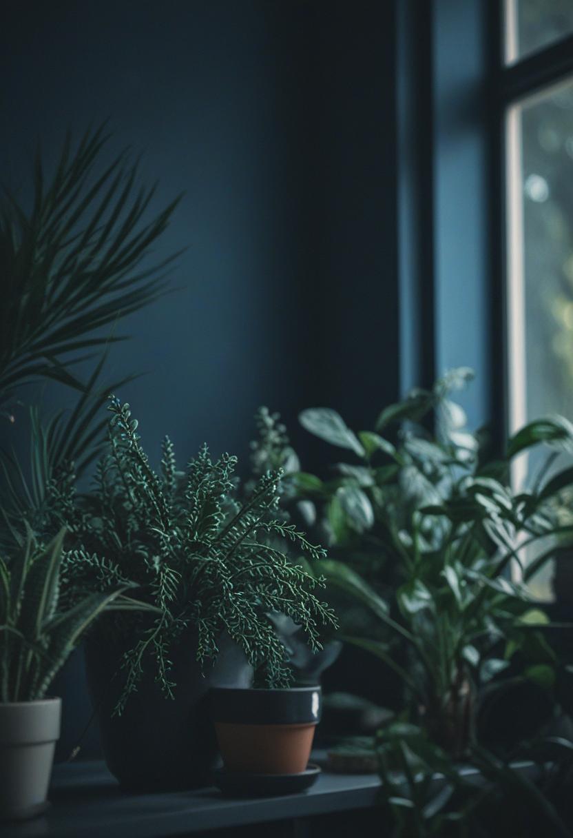 Dark blue plants in a serene, mysterious aesthetic.