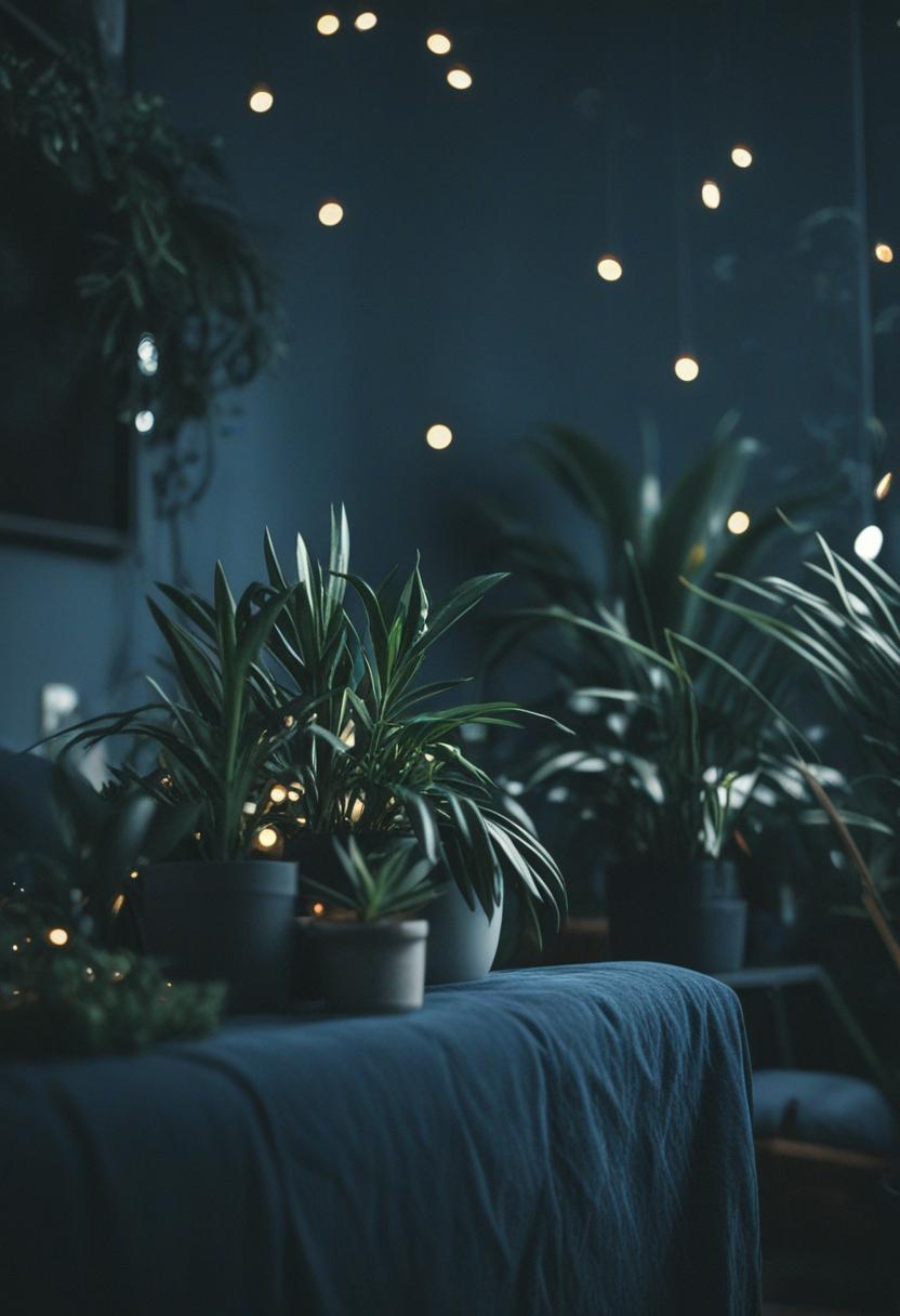 Dark blue plants in a moody, serene aesthetic.
