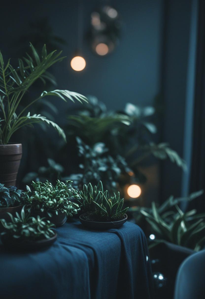 Dark blue plants in a moody, serene aesthetic.